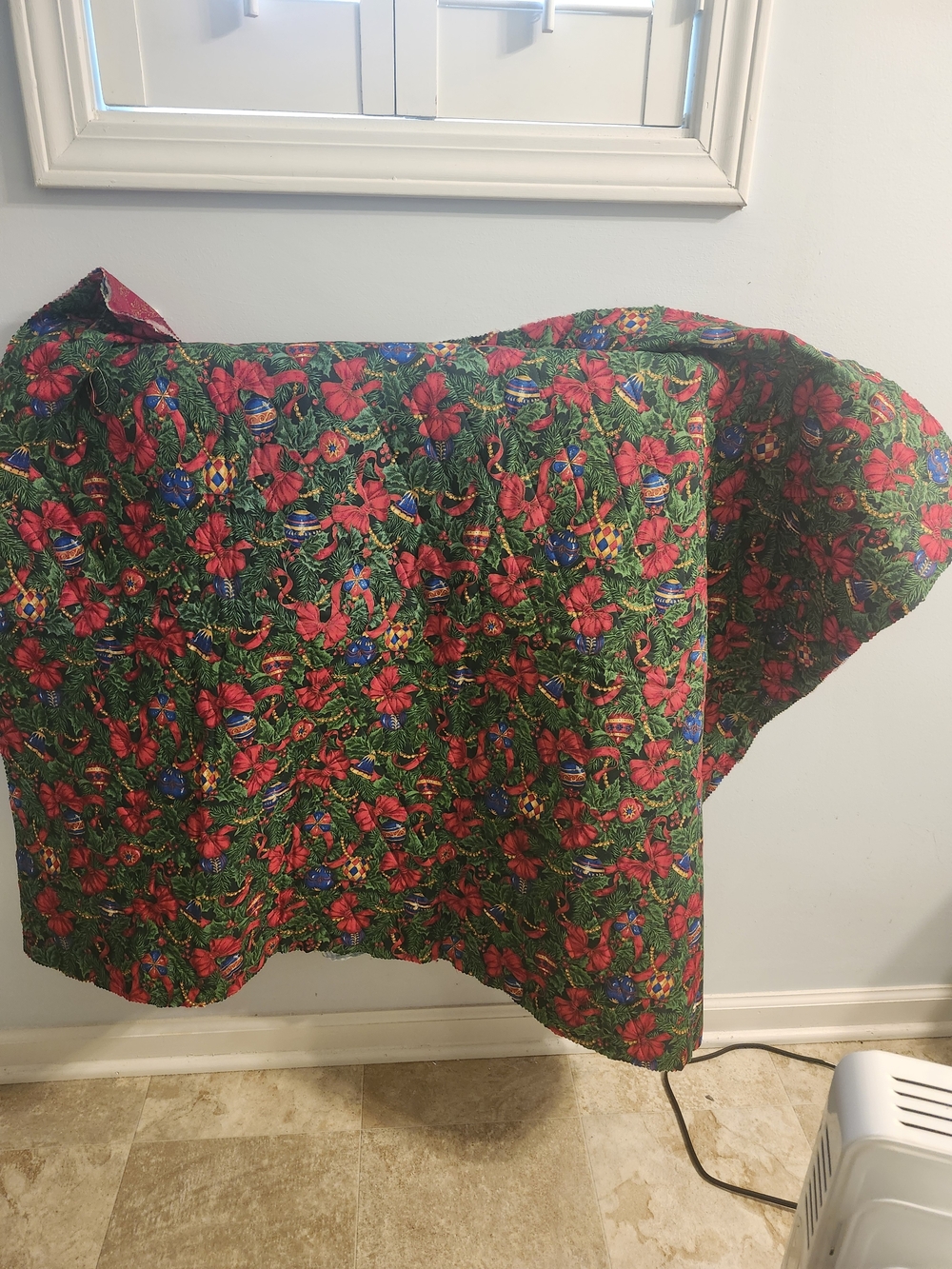 Festive Green Holiday Quilted Material with Red Floral and Ornament Reversible